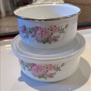 Enamel Bowl Set with Lid Floral Pink Roses